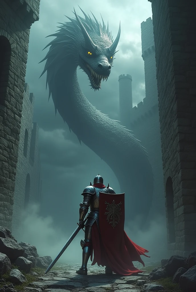 Medieval Knight vs. Shadow Serpent: A heavily armored knight with a gleaming sword and shield faces off against a massive, sinuous shadow serpent with glowing, malevolent eyes. The scene takes place in a crumbling castle keep, with dark clouds swirling above.