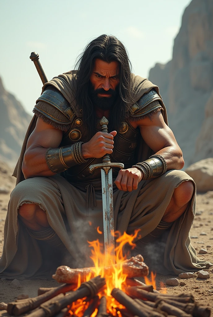 (photorealism:1.2), pitiful looking persian warrior, using his sword as a skewer to cook lamb kebab on an open fire.