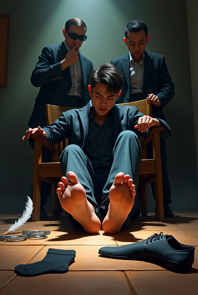 Handsome malay Zarul 20years lawyer
1 man Rub his feet
He fainted
Focus 5toefeet
Shoeless
Hand Handcuff wooden chair
blindfolded
feather on floor
Pair of Blacksock and shoes on floor
2 mafia pinch their nose