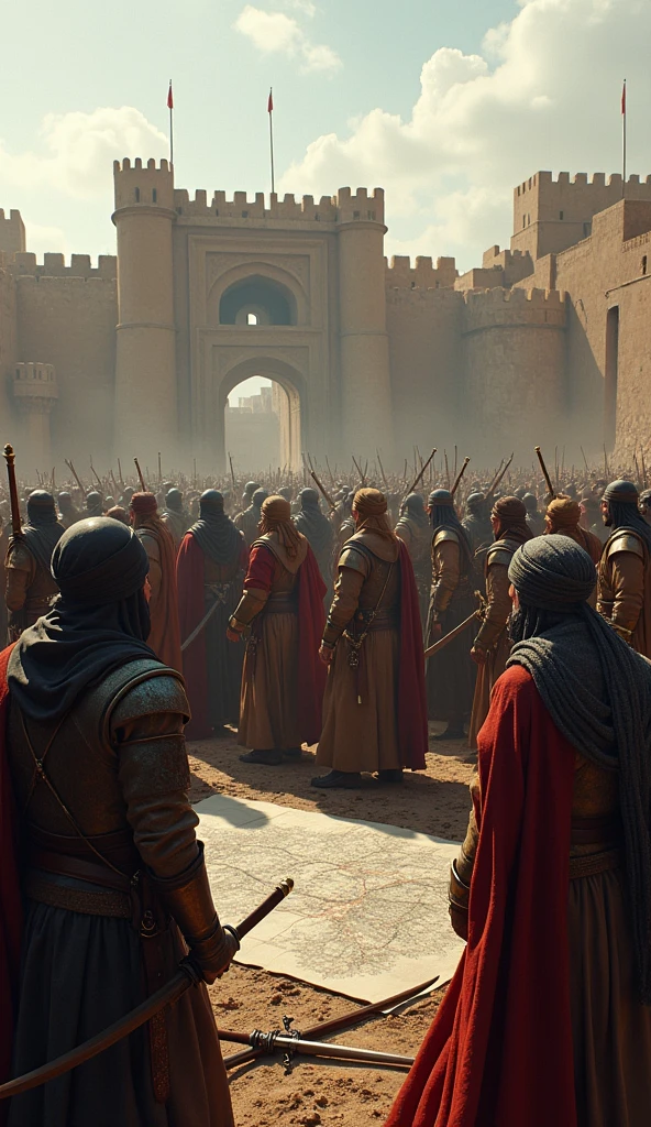 Create a highly detailed, ultra-realistic scene of Thariq bin Ziyad's forces preparing for an assault on a fortified city. Thariq and his warriors, all dressed in traditional Islamic warrior attire, including turbans, leather, and iron armor, are shown in intense preparation. Some warriors are sharpening their swords, others adjusting their armor, while a few are strategizing over a map. The fortified city looms in the background with imposing walls and watchtowers. The scene is illuminated with cinematic lighting, creating deep shadows and emphasizing the tension and anticipation of the upcoming battle. Epic color grading enhances the contrast between the cool, dark tones of the environment and the warm, earthy hues of the warriors' attire, adding to the grandeur and intensity of the scene