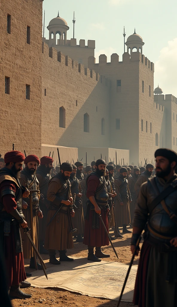 Create a highly detailed, ultra-realistic scene of Thariq bin Ziyad's forces preparing for an assault on a fortified city. Thariq and his warriors, all dressed in traditional Islamic warrior attire, including turbans, leather, and iron armor, are shown in intense preparation. Some warriors are sharpening their swords, others adjusting their armor, while a few are strategizing over a map. The fortified city looms in the background with imposing walls and watchtowers. The scene is illuminated with cinematic lighting, creating deep shadows and emphasizing the tension and anticipation of the upcoming battle. Epic color grading enhances the contrast between the cool, dark tones of the environment and the warm, earthy hues of the warriors' attire, adding to the grandeur and intensity of the scene