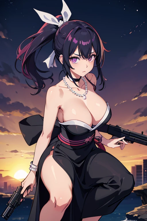 Highest quality、Ultra HD、One Woman、(Purple ponytail 1.3)、(Black Dress 1.3)、(Black Heels 1.1)、(Thigh 1.2)、((Shoot a  1.2))、(White ribbon 1.2)、(Beautiful face like a Japanese actress 1.2)、(Pearl Necklace)、tall、(Black wristband on right wrist)、Adumen、Slender body、((Large Breasts))、(Sunset city background 1.2)、((Clear and beautiful touch))