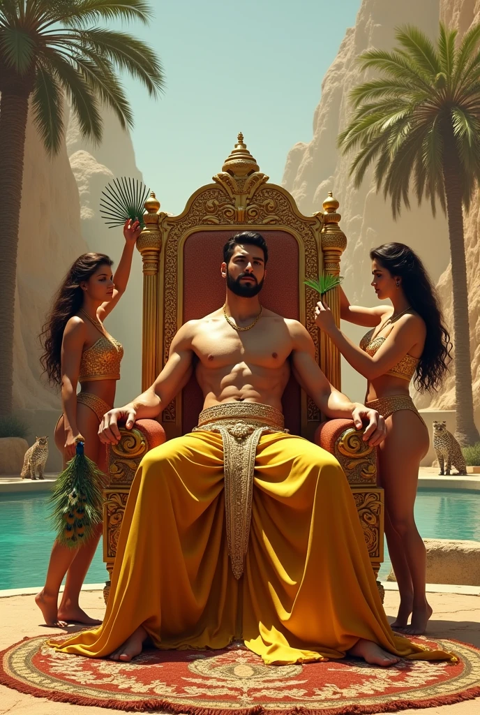 A handsome handsome man without a shirt wearing gold pants sitting on a king&#39;s chair, thin, white skin, in the desert, a desert palm tree behind a lake and a peacock with two leopards at his side, a rug under his feet, two men looking at him, blowing on him with the palm leaf