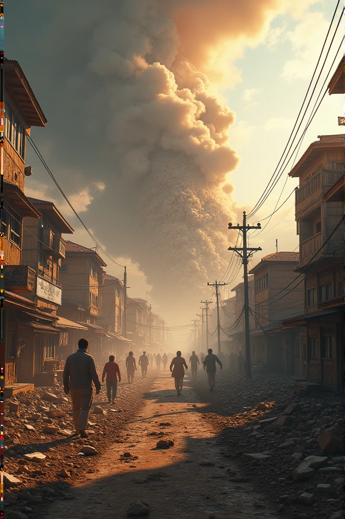 An earthquake destroying a village (happy day), 4k