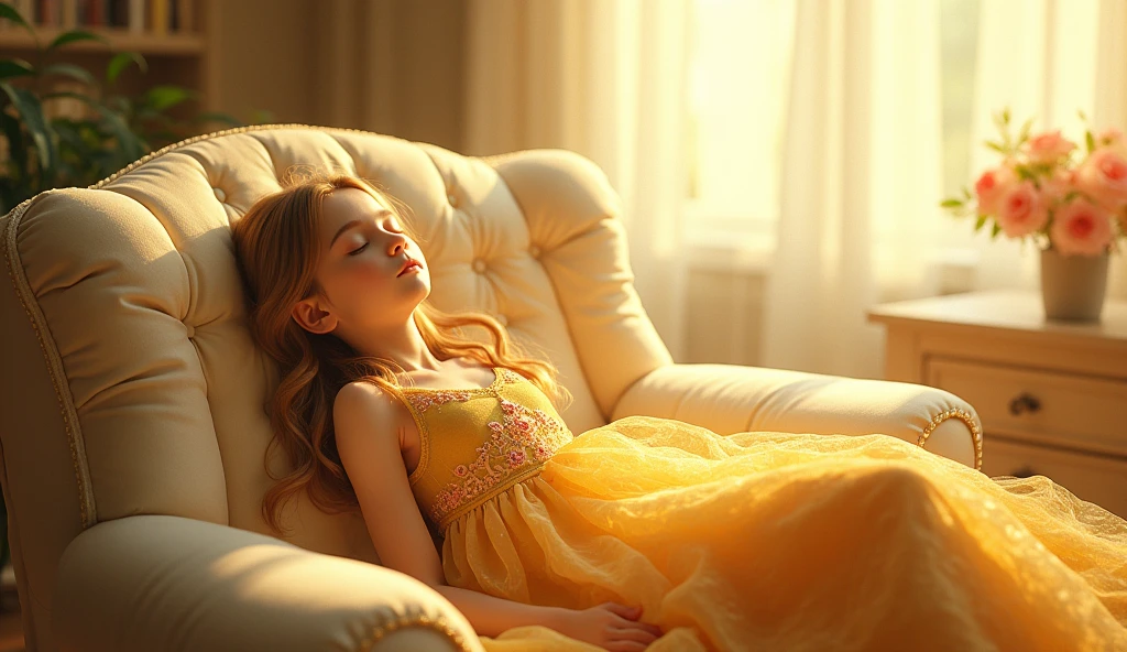The girl in the golden dress sleeps on the golden chibi.