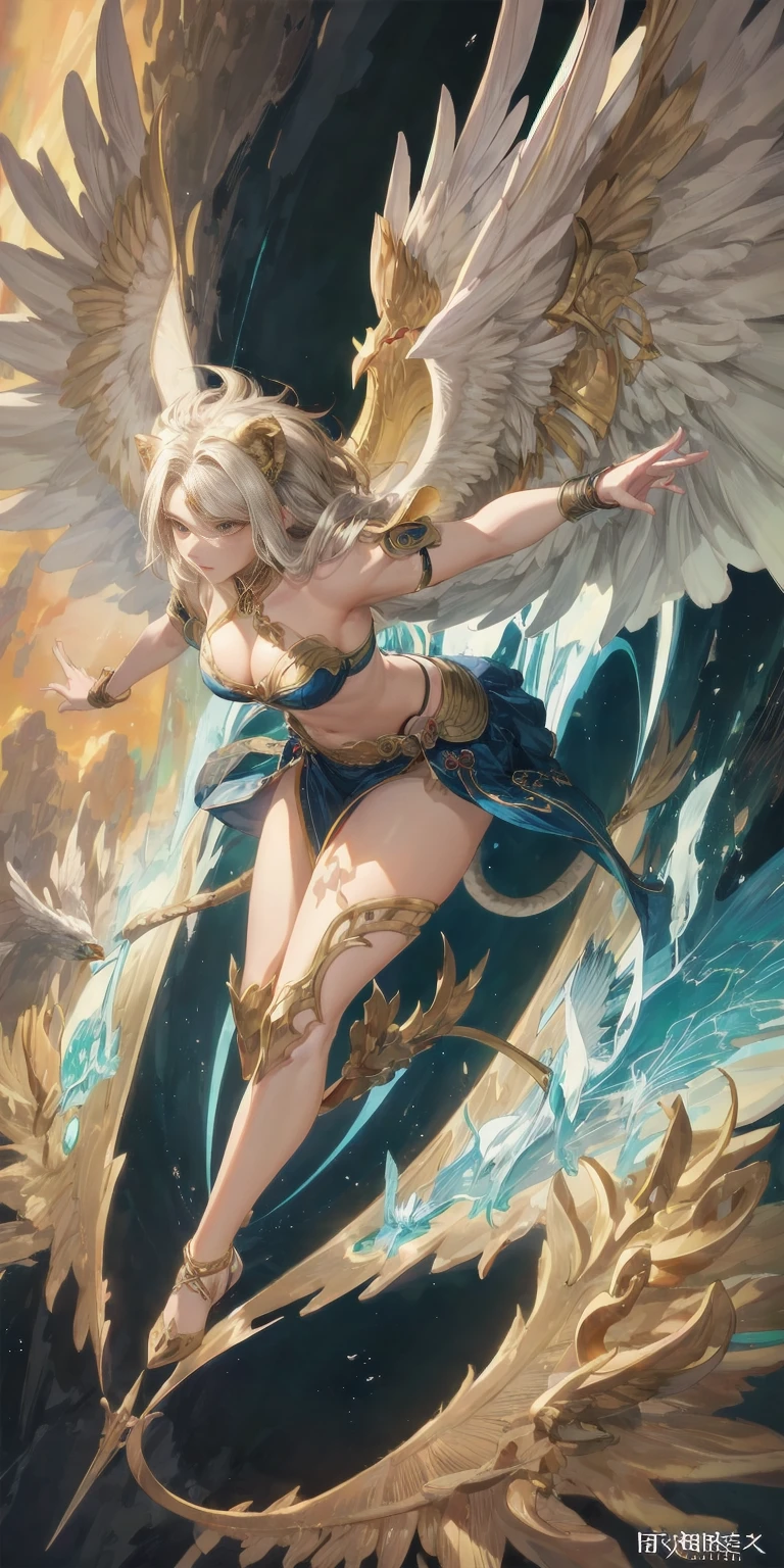 (aerial view),dynamic angle,ultra detailed, illustration, close up, straight, tap, mythological creatures, majestic, Powerful wings, lion&#39;s body, eagle head, feroz gaze, sharp claws, feat, golden beak, large size, flying, mountains, cloudy sky, Ancient ruins, fantasy kingdom, mythological paisaje, epic, magical, mythological creatures, mythological beasts, feroz, mythical monsters,rz-passage