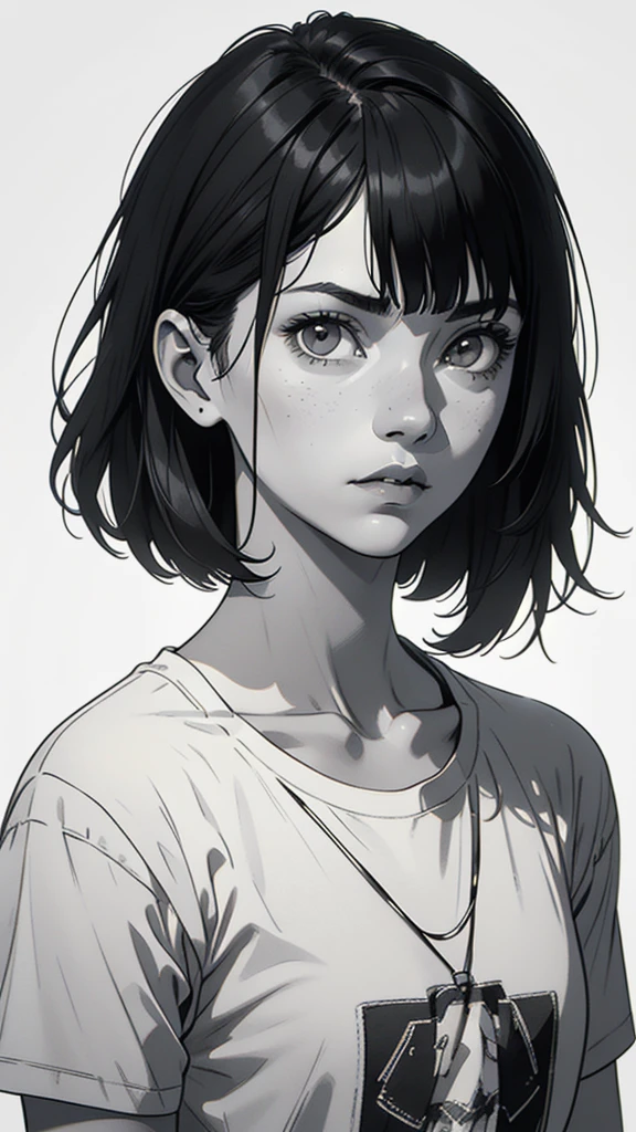 1 boyish girl, solo, sharp eyes, expressionless, monochrome, greyscale, short black hair, portrait, white T-shirt, closed mouth, looking at viewer, graphite \(medium\), detailed lips, hatching \(texture\), without makeup, bangs, upper body, (best illustration), (best quality), (very detailed), (masterpiece), expressionless,