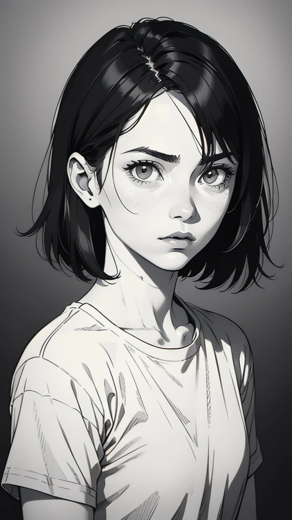 1 boyish girl, solo, sharp eyes, expressionless, monochrome, greyscale, short black hair, portrait, white T-shirt, closed mouth, looking at viewer, graphite \(medium\), detailed lips, hatching \(texture\), without makeup, bangs, upper body, (best illustration), (best quality), (very detailed), (masterpiece), expressionless,