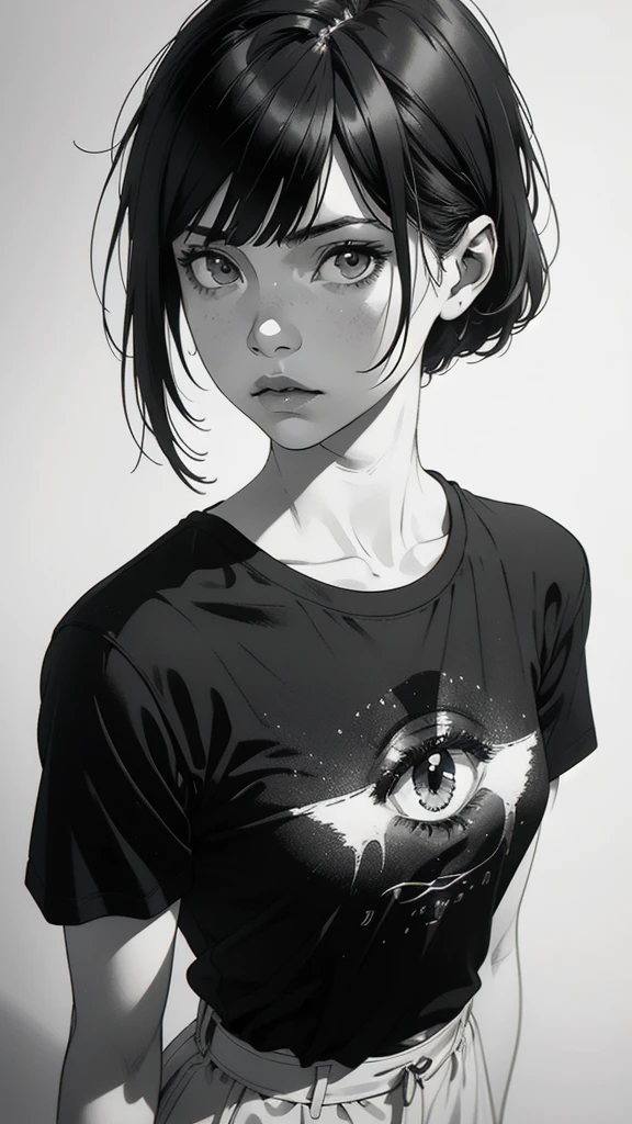 1 boyish girl, solo, sharp eyes, expressionless, monochrome, greyscale, short black hair, portrait, white T-shirt, closed mouth, looking at viewer, graphite \(medium\), detailed lips, hatching \(texture\), without makeup, bangs, upper body, (best illustration), (best quality), (very detailed), (masterpiece), expressionless,