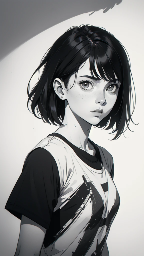 1 boyish girl, solo, sharp eyes, expressionless, monochrome, greyscale, short black hair, portrait, white T-shirt, closed mouth, looking at viewer, graphite \(medium\), detailed lips, hatching \(texture\), without makeup, bangs, upper body, (best illustration), (best quality), (very detailed), (masterpiece), expressionless,