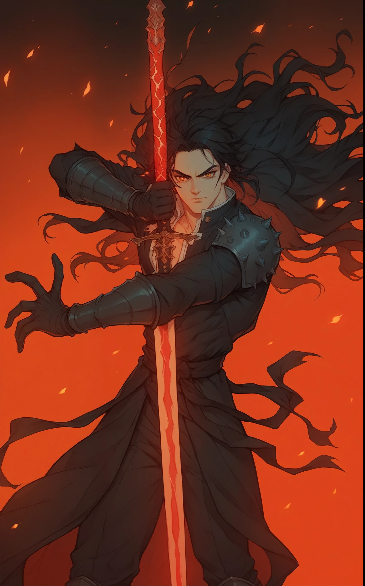 anime - style image of a man with a sword in her hand, handsome guy in demon slayer art, with large sword, by Yang J, holds a black sword, holding a flaming sword, badass anime 8 k, he is holding a sword, artgerm and atey ghailan, alucard,