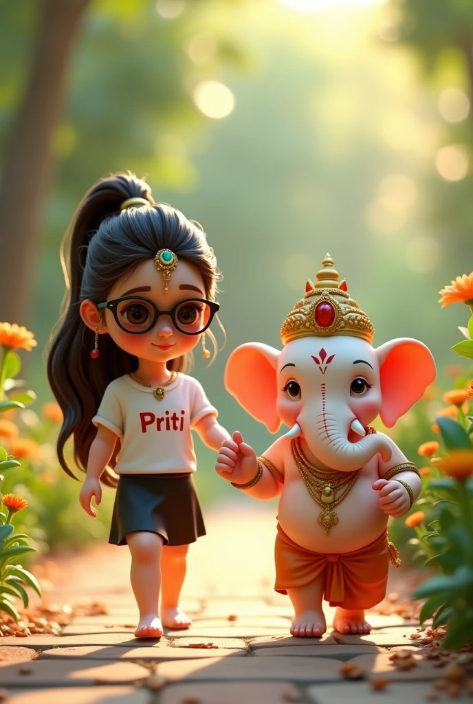 Create a 3D rendered image of a Child girl with long, flowing hair, wearing sunglasses and a white T-shirt with the name 'PRITI' printed on it and Black skirt. The girl is holding hands and walking with a cute, anthropomorphic version of the Hindu deity Child Ganesha. Ganesha is depicted with a white, slightly chubby elephant head, adorned with traditional jewelry and a crown. The background is a serene, green, garden-like environment with soft lighting, creating a warm and peaceful atmosphere.