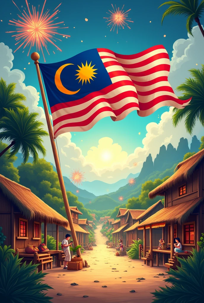 Independence theme poster "Malaysia civilizes the soul of independence,village atmosphere,flag of the glorious path, fireworks,the color of the Malaysian flag