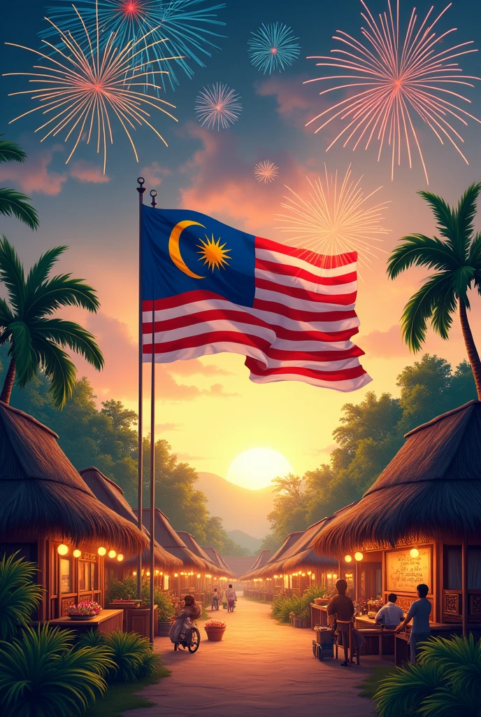Independence theme poster "Malaysia civilizes the soul of independence,village atmosphere,flag of the glorious path, fireworks,the color of the Malaysian flag 
