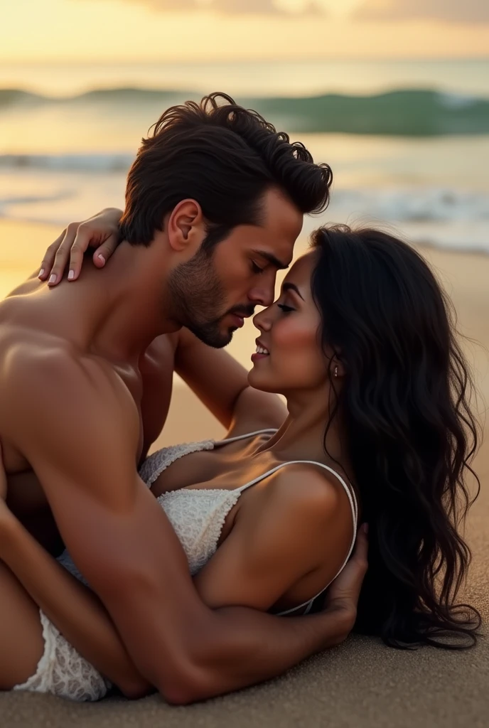 A man who looks like Henry Cavvil is having a hot moment with a woman with black hair on the beach, lying in the sand