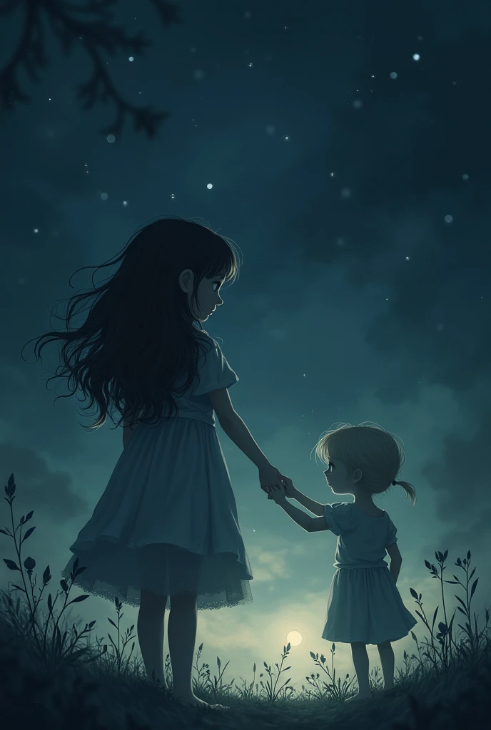  girl holding the hand of a small shadow at night