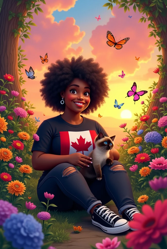 A slightly chubby black woman with curly hair, a black t-shirt with the Canadian flag, black jeans ripped at the knee and sneakers, she is in a garden full of flowers with the sunset in the background around her full of colorful butterflies with a Siamese kitten on her lap and sitting. animated cartoon