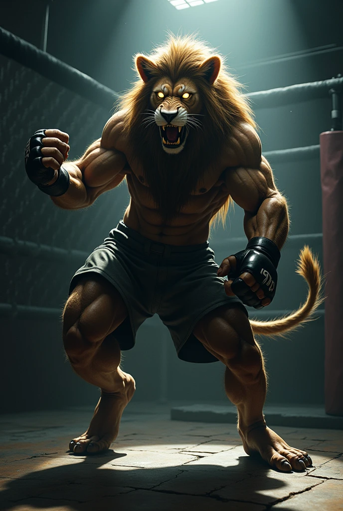 Dark silhouette in shadows of a humanoid lion training in mma gym in shadows with mma gloves throwing kicks