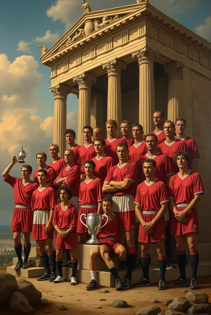 Please create a Renaissance style picture of Manchester United's 1998/99 treble (UEFA Champions League, Premier League and FA Cup) with ancient Greek setting. Use techniques such as chiaroscuro and warm color palette.