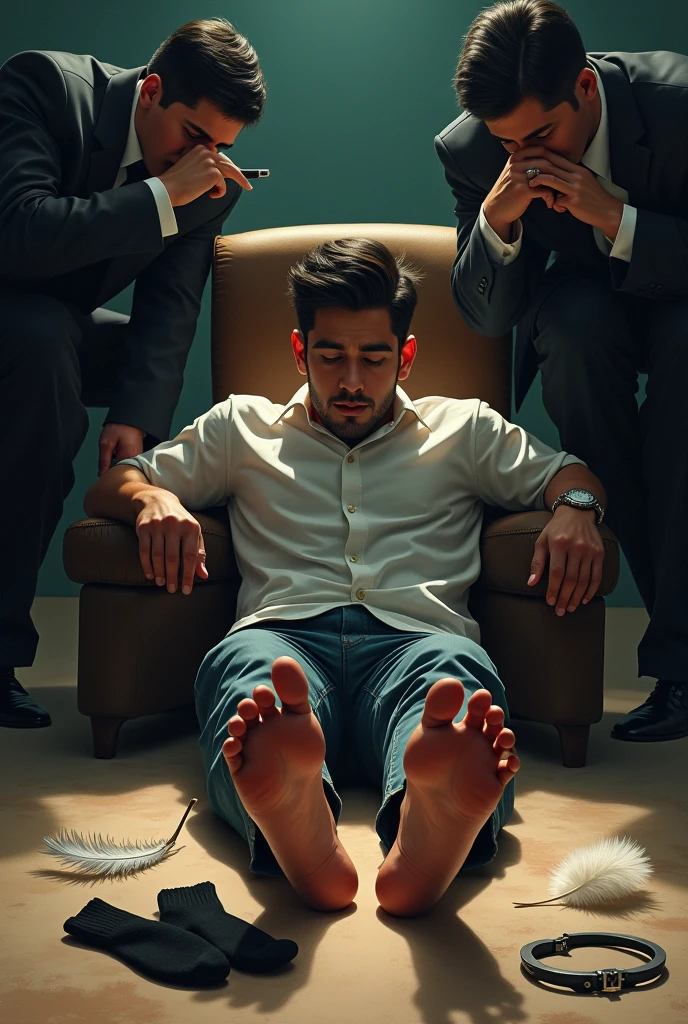 Handsome malay Zarul 20years lawyer
1 man Rub his feet
He fainted
Focus 5toefeet
Shoeless
Hand Handcuff wooden chair
blindfolded
feather on floor
Pair of Blacksock and shoes on floor
2 mafia pinch their nose
