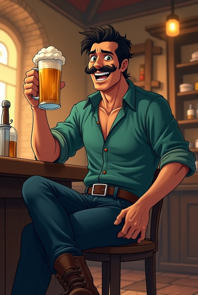  short black hair, wavy hair, tan, lanky man, baggy sea shirt, baggy sleeves, leather boots, navy pants, piercing eyes, holding beer mug up, big smile, twisted mustache, sitting in pub, bruised eye, rapier, fantasy anime
