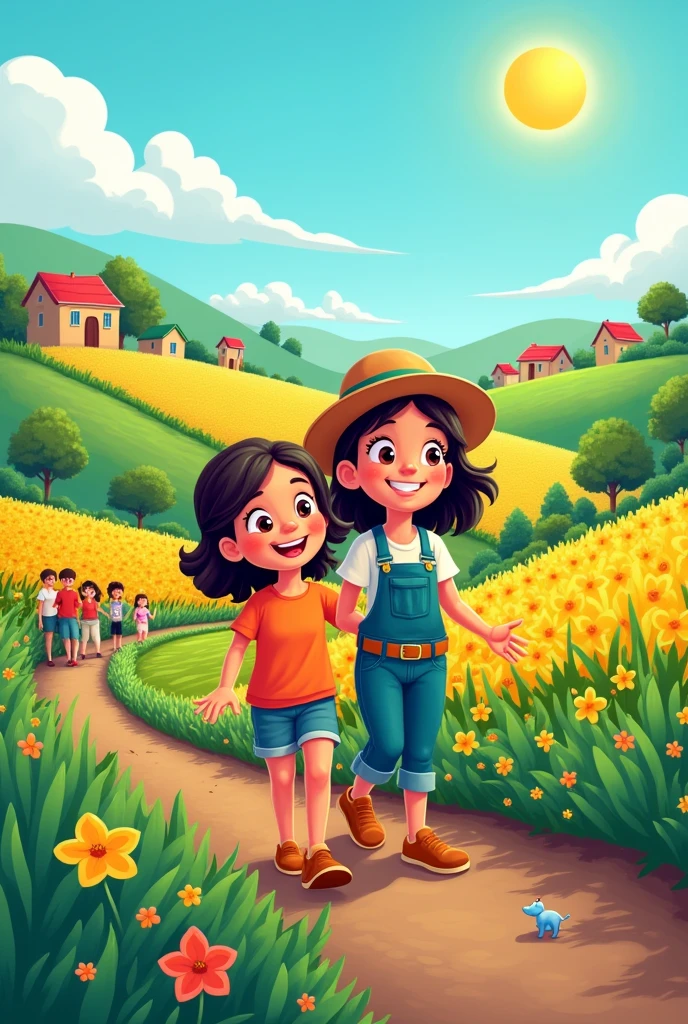 
Create a cartoon of two friends . One friend is helping people find safety, while the other is ensuring the crops are protected. The scene should be bright and full of action."