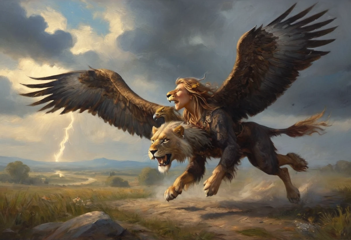 A cute female sorcerer, beautiful detailed eyes, beautiful detailed lips, extremely detailed eyes and face, longeyelashes,sexy airy silken robe with bright symbols, riding on the back of a fierce griffin (very large, forelegs of an eagle, head and mane of an eagle, eagle wings at shoulders, body of a lion), tossing lightning as the griffin flies low over the battlefield, best quality,4k,8k,highres,masterpiece:1.2,ultra-detailed,realistic,photorealistic,photo-realistic:1.37,HDR,UHD,studio lighting,ultra-fine painting,sharp focus,physically-based rendering,extreme detail description,professional,vivid colors,bokeh,fantasy,magic,atmospheric,dramatic lighting