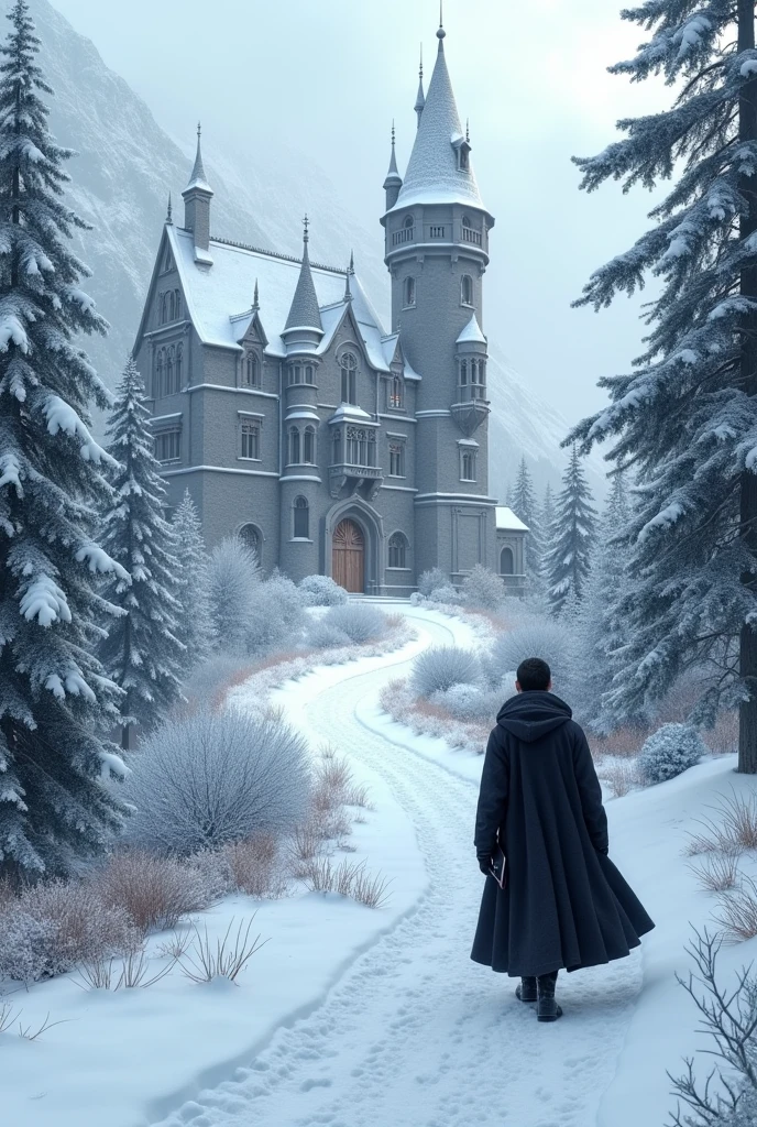 Generates a mountainous landscape, that it is snowing that there are snow-covered pines, Within the landscape place a castle in the background, The castle must be a Victorian style , with a large wooden door, the castle must be covered by snow, generates a path that leads to the castle and on the path a knight in a black coat, the man has black hair, In his right hand he should have a black notebook and he is walking towards the castle, the image must be realistic