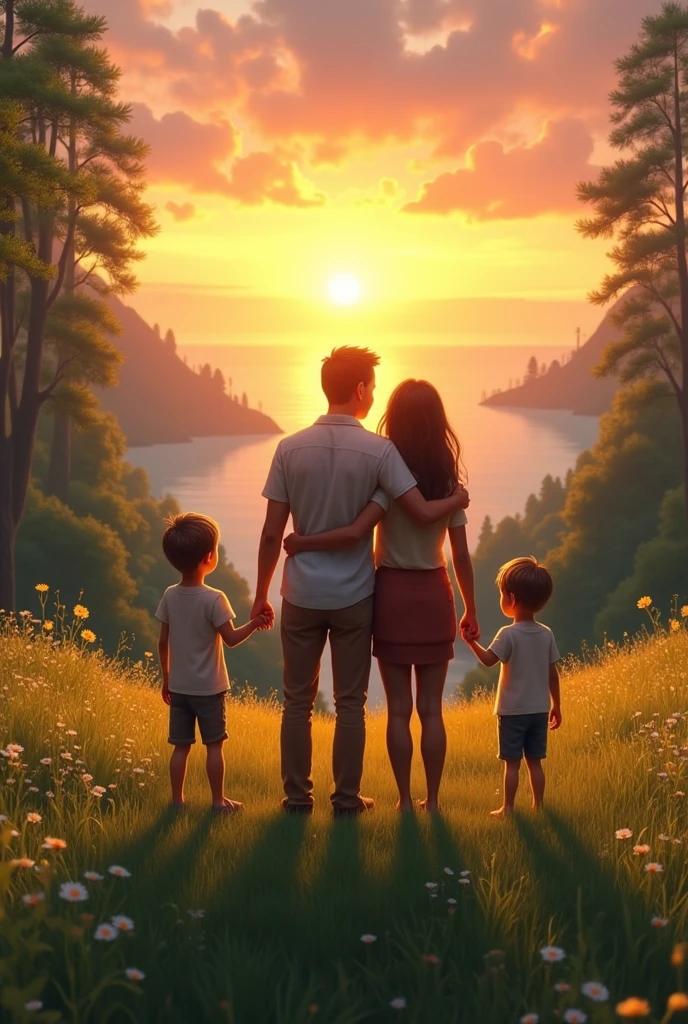 (GENERATES A MOTHER AND A FATHER AND TWO CHILDREN WATCHING THE SUNSET IN A GREEN PLAN, ALREADY THE SHORES TREES, LET THE IMAGE HIGHLIGHT JOY AND WITH HIGH DEFINITION)