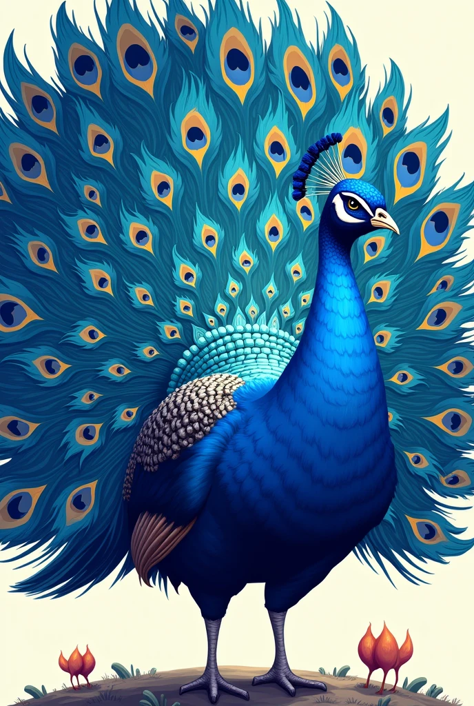 A blue peacock with a fan spread out, in an illustration style