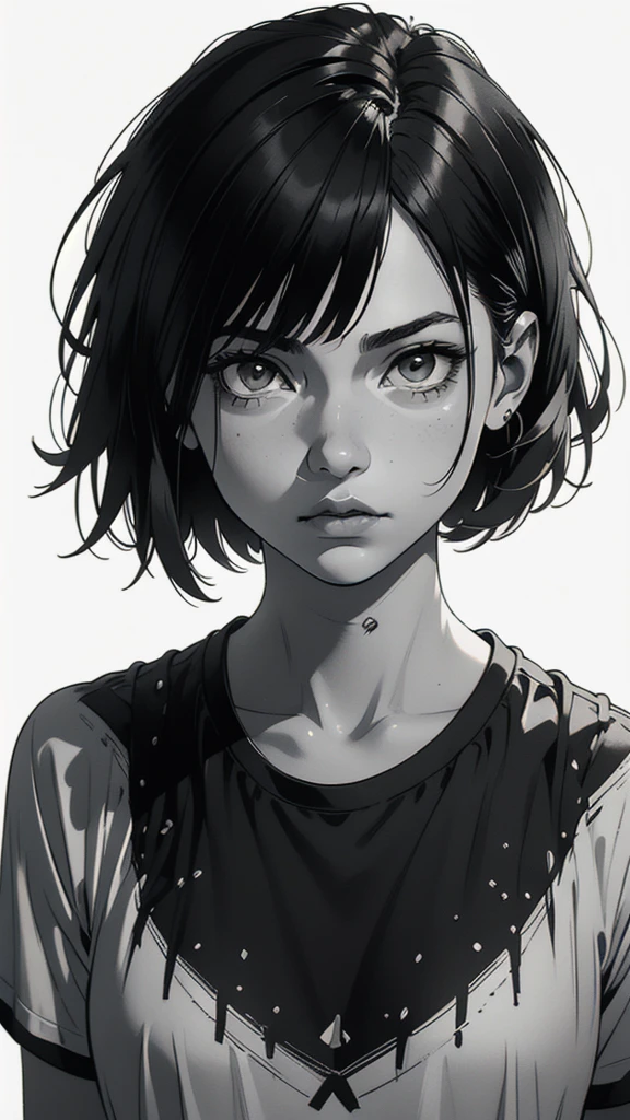 1 boyish girl, solo, sharp eyes, expressionless, monochrome, greyscale, short black hair, portrait, white T-shirt, closed mouth, looking at viewer, graphite \(medium\), detailed lips, hatching \(texture\), without makeup, bangs, upper body, (best illustration), (best quality), (very detailed), (masterpiece), expressionless,
