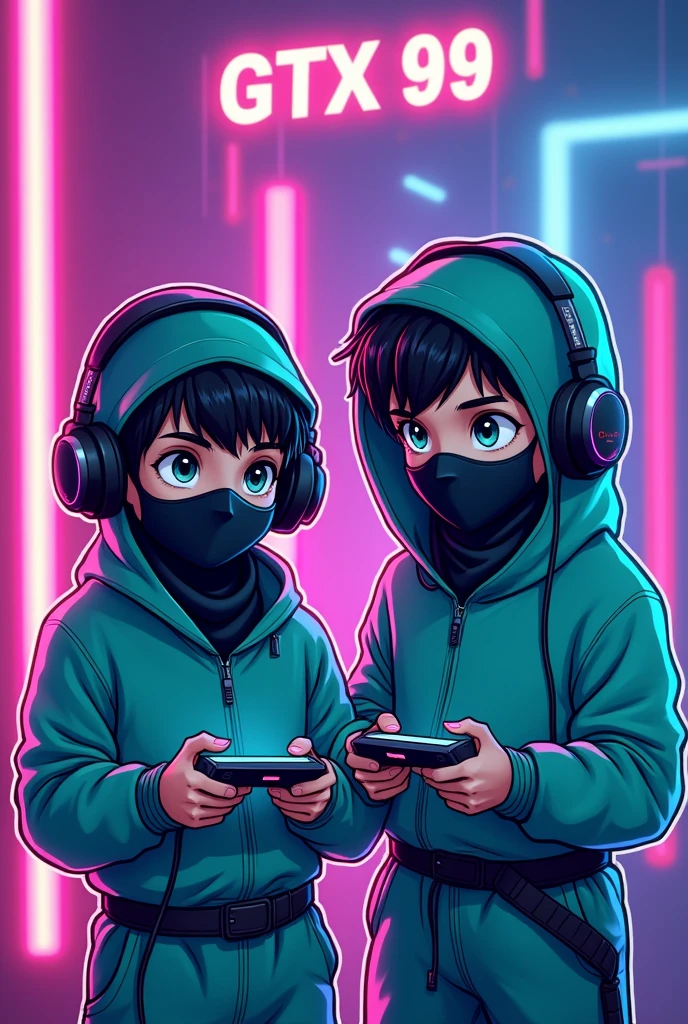 ((best quality)), ((masterpiece)), ((Detailed)), ((cartoon)),A 2 young boy wear Green light  colour cloth and black mask on face and headphones and playing game in his video game device his purple and blue neon background, white neon outline on his body  8k UHD, Ninja Outfit , a Text in his background ( Gtx99 )  ( A circle Mask for profile picture)