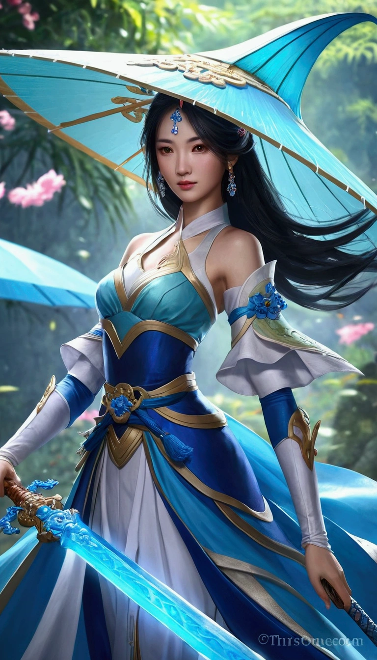 beautiful woman in blue dress holding sword and blue umbrella, inspired by Lan Ying, full body xianxia, yun ling, inspired by Li Mei-shu