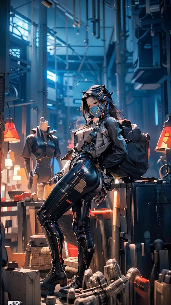 a woman with a helmet in front of a group of mannequins, cyberpunk art by Jim Burns, cg society, retrofuturismo, daz3d, ps1 graphics, dystopian art, (((full mask, radical mask, full body woman, high jump boots, neckline on shirt, medium breasts, big ass)))