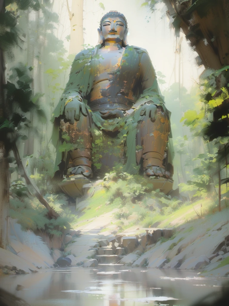 Painting of Buddha statue in the forest,Digital Painting, There is a Buddha statue in the mysterious forest,In front of the pond,CG concept art,Foggy