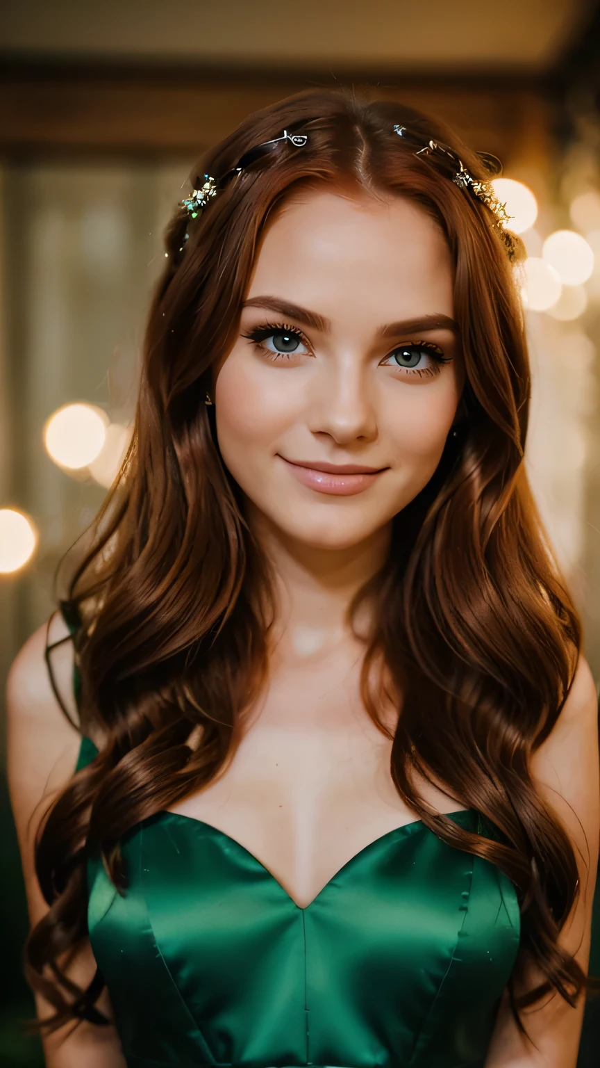 Realistic full body photo of a smiling, Young red-haired girl with long hair, She dances in front of the camera in a long A-line bridesmaid dress with jewel holders made of shiny satin., Park,glamour fotoshooting, Wedding celebration, perfect anatomy, perfect green eyes. Perfect hands with 5 fingers on each hand, Matching girl, looking at the camera, 1 Frau. (Eye make up:1.1), (highly detailed skin:1.1), spirit, analog style, keen focus, 8K UHD, dslr, good quality, Fujifilm XT3, Grain, Award-winning, masterpiece. Wedding celebration