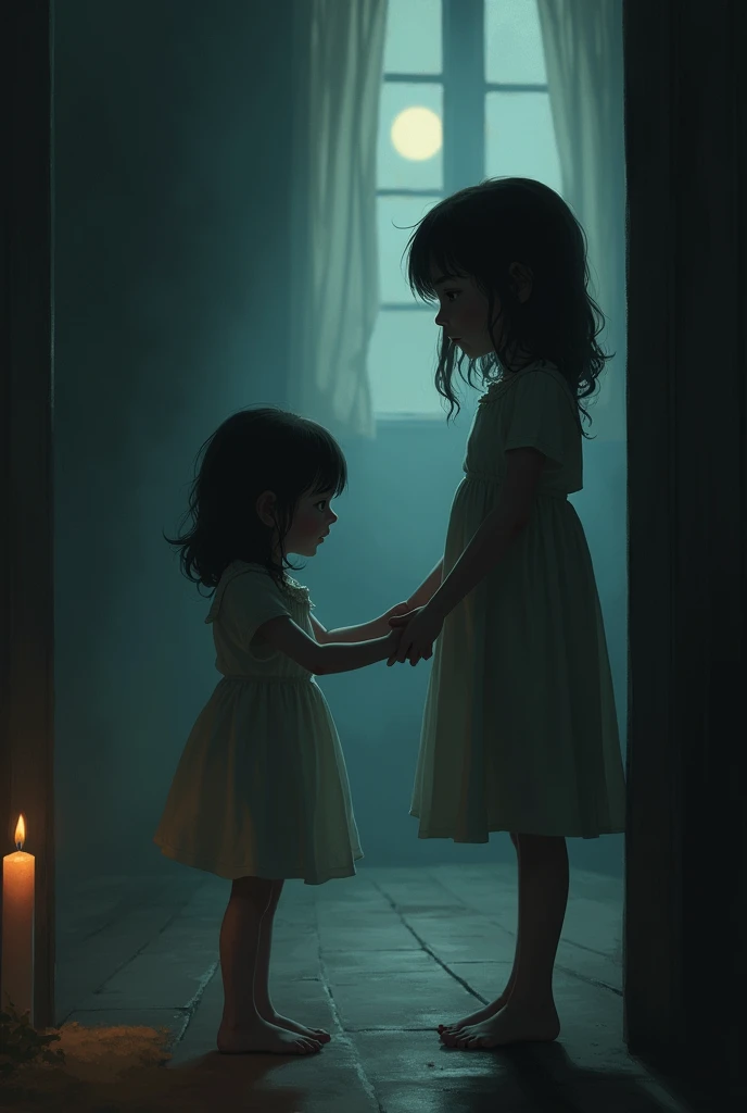 girl holding the hand of a small shadow at night in a room