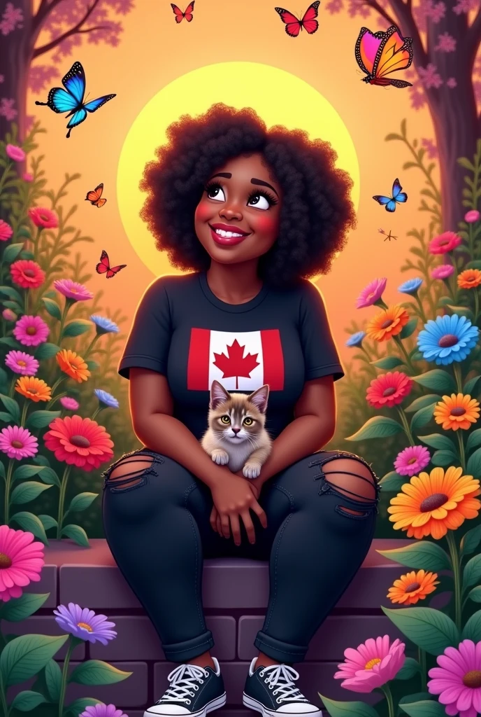 
A slightly chubby black woman with curly hair, a black t-shirt with the Canadian flag, black jeans ripped at the knee and sneakers,  she is in a garden full of flowers with the sunset in the background around her full of colorful butterflies with a Siamese kitten on her lap and sitting. animated cartoon 