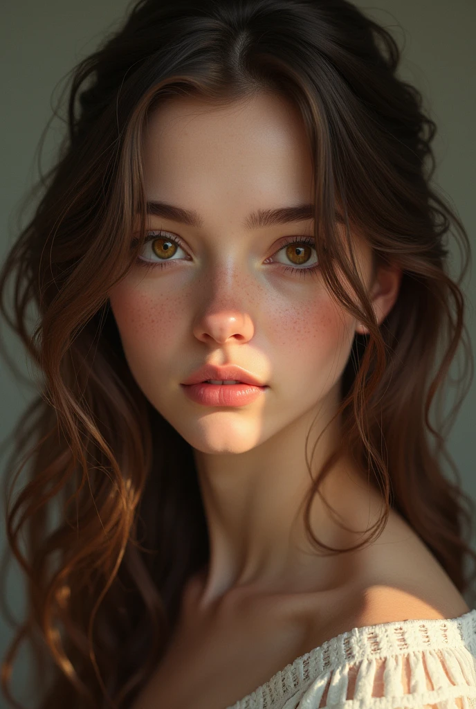 realistic, cinamone brown hair, freckles, brown eyes, women