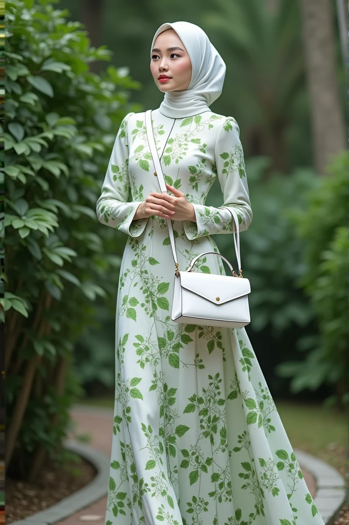 (Photorealism:1:2), full body pose, a women wearing hijab,wearing black graduation hat, in pastel green graduation gown, holding bouqet flower, Bicycle background with flower basket, Pastel green theme, flower garden background,