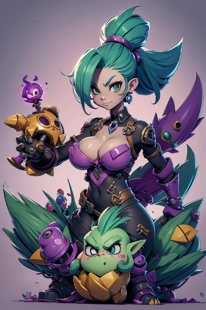 Rayman Legends style tree, character estilo art rayman legends, girl, fully body, STYLE mercenary with futuristic doom style weapons, Giant Accessories,Giant Monster, big breats,Little bunny,big breast, sensuality, elfo, mascot next door,doom style weapons