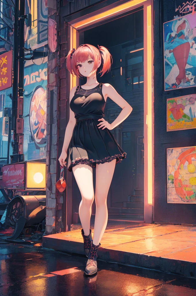 (masterpiece:1.2), Highest quality,Pixiv,Surprised girl,Portraiture,Tank top、19 years old、((((Midsummer clothes、Full body portrait))))、Shorts、Pop Art、(masterpiece, Highest quality:1.4), 1 girl, solo, Anime Style, colorful students, Blurred vision, With pop, Pink lower lip, Cyberpunk makeup, Orange red eyeshadow, Silver asymmetrical short hair, Asymmetrical short hairstyles, Long bangs on one side, Color Highlights, Highest quality,Pixiv,Surprised girl,Portraiture,Tank top、20-year-old、((((Full body portrait))))、Twin tails、mini skirt、Pop Art、Precise hands and feet、Large Breasts、Narrow waist、Big Hips、Thin legs。Long legs、short boots、loose socks、Black lace underwear、(masterpiece, Highest quality:1.4), 1 girl, solo, Anime Style, colorful students, Blurred vision, With pop, Pink lower lip, Cyberpunk makeup, Orange red eyeshadow, Silver asymmetrical short hair, Asymmetrical short hairstyles, Long bangs on one side, Color Highlights, (masterpiece:1.2), Highest quality,Pixiv,Surprised girl,Portraiture,Tank top、1、((((Midsummer clothes、Full body portrait))))、mini skirt、Pop Art、Precise hands and feet、Large Breasts、Narrow waist、Big Hips、Thin legs