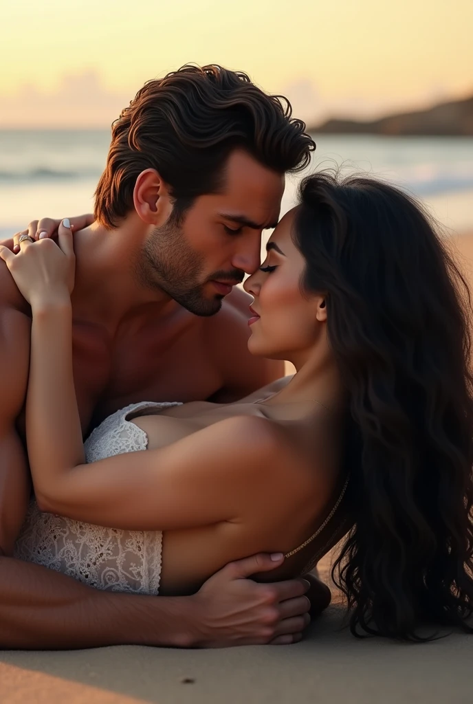 A man who looks like Henry Cavvil is having a hot moment with a woman with black hair on the beach, lying in the sand