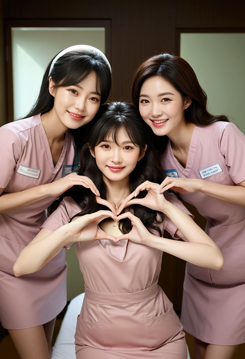 photograph, cowboy shot, three women making heart shape with hands, smiling beautiful Korean female nurse wearing pink scrubs, hourglass figure, beautiful detailed face, black hair, pale skin, fair skin, realistic skin, detailed cloth texture, detailed hair texture, Perfect proportion, Anatomically correct, Highly detailed face and skin texture, private modern hospital room, looking at viewer, asian face , perfect anatomy, realistic