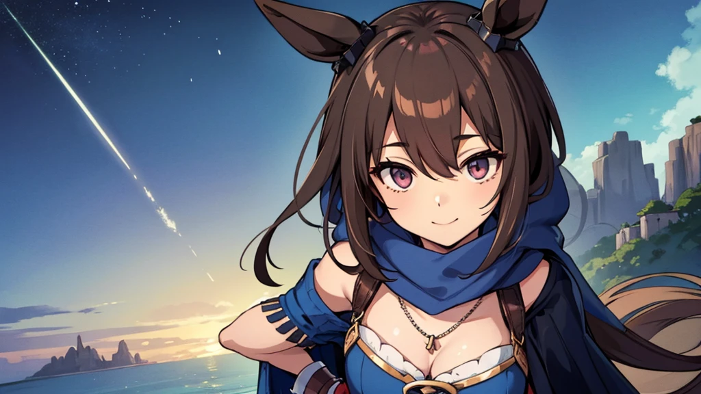 solo、Alone、1Alone。masterpiece, uhd, best quality, highres, 8k、(noline)、(flat2-dim1)、shoot from above、upper body shot。Girl with horse ears、beautiful girl、Beautiful breasts。Smile。necklace。Light blue dress、sweater、Shoulder less、Attached sleeves、Thick Yarn、Mesh pattern、knitting、Veil、Veil、Scarf cloak、Stall Mantle、Shawl cloak、muffler cloak。Hands on hips。breeze、cliff、Starry Sky
