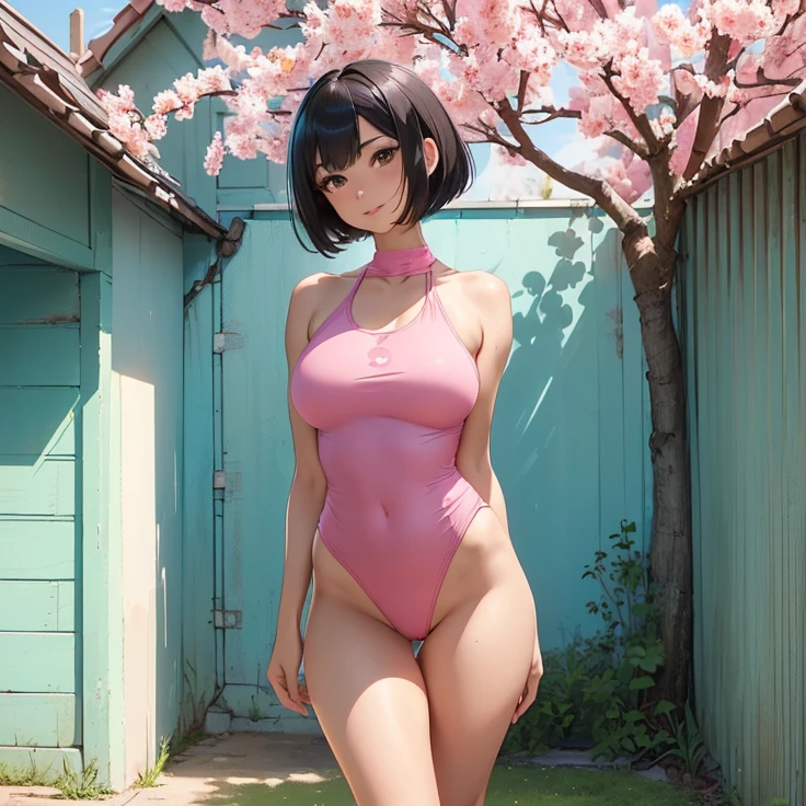 (Masterpiece), (High Resolution), (Best Quality), (Anatomically Correct), (High Details), (HD), (High Quality), (character solo, alone), (fantasy), (anime style)
{{1character:50 years old black haired milf wearing a highleg pink one-piece swimsuit:(medium shoulder length black hair bob cut, pale skin,brown eyes, sharp nose, black thick eyebrows, very thin lips, nice feminine body, beautiful body, beautiful hips, big breasts, beautiful legs, beautiful arms, delicated features, big rounded butt, beauty, feminity, sweet demeanor, motherly personality),((she wars a: full pink pink highleg onepiece-pink-swimsuit, clevage, and black heeled shoes)),((sweet expression and sweet smile),(sexy modeling pose),(standing patient and calm)),((stadium backyard), (sunny day),(light-blue sky),(simple background),(yellow backyard's walls),(spring season),(very few people there)}}