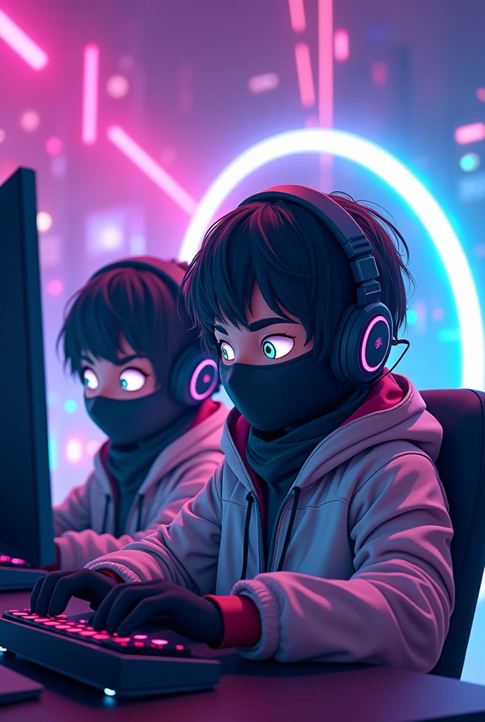 ((best quality)), ((masterpiece)), ((Detailed)), ((cartoon)),A 2 young boy wear black light colour cloth and black mask on face and headphones and playing game in his video game device his purple and blue neon background, white neon outline on his body 8k UHD, Ninja Outfit , a Text in his background ( Gtx99 ) ( A circle Mask for profile picture)