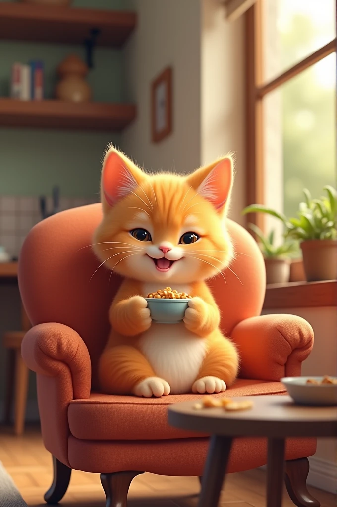 the small and ginger cat sitting in the chairs and eating food with happy mood.