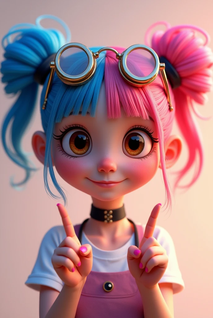 a girl in 3d Pixar style, with blue hair on one side of her head, pink on the other side, gathered in two ponytails, with steampunk glasses on her head, with a black choker on her neck, shows the cute sign and brown eyes