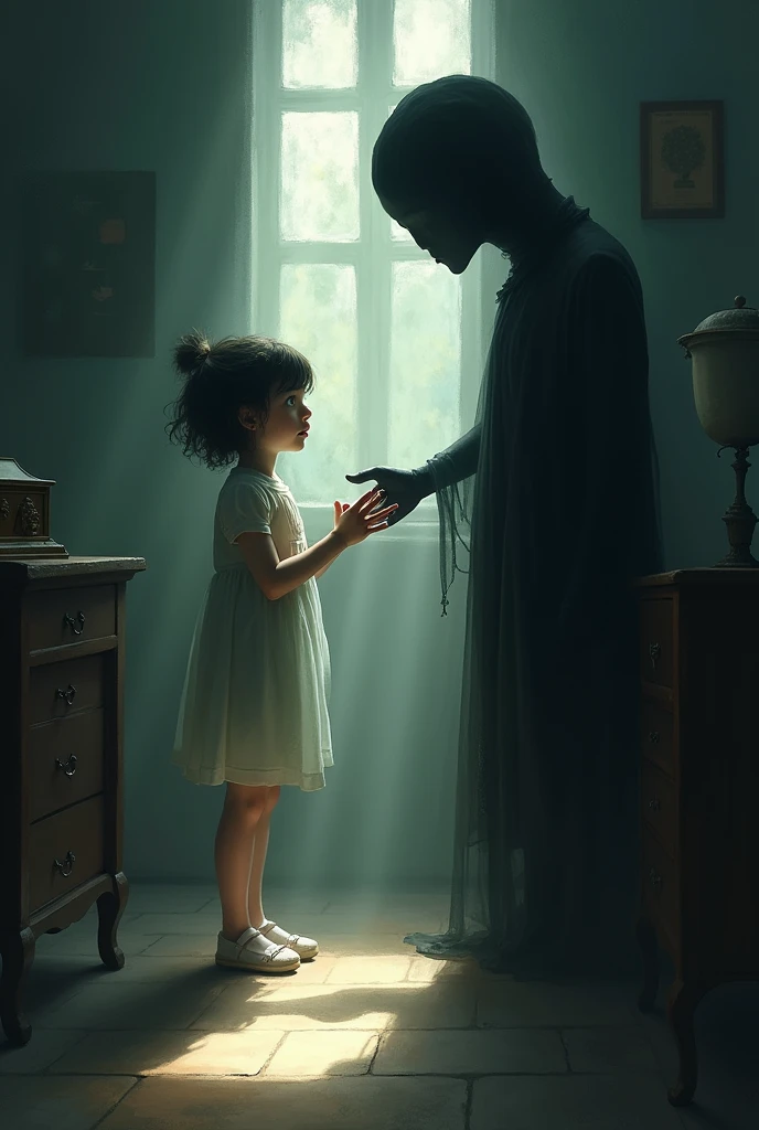 girl holding hands with a shadow at night in a room